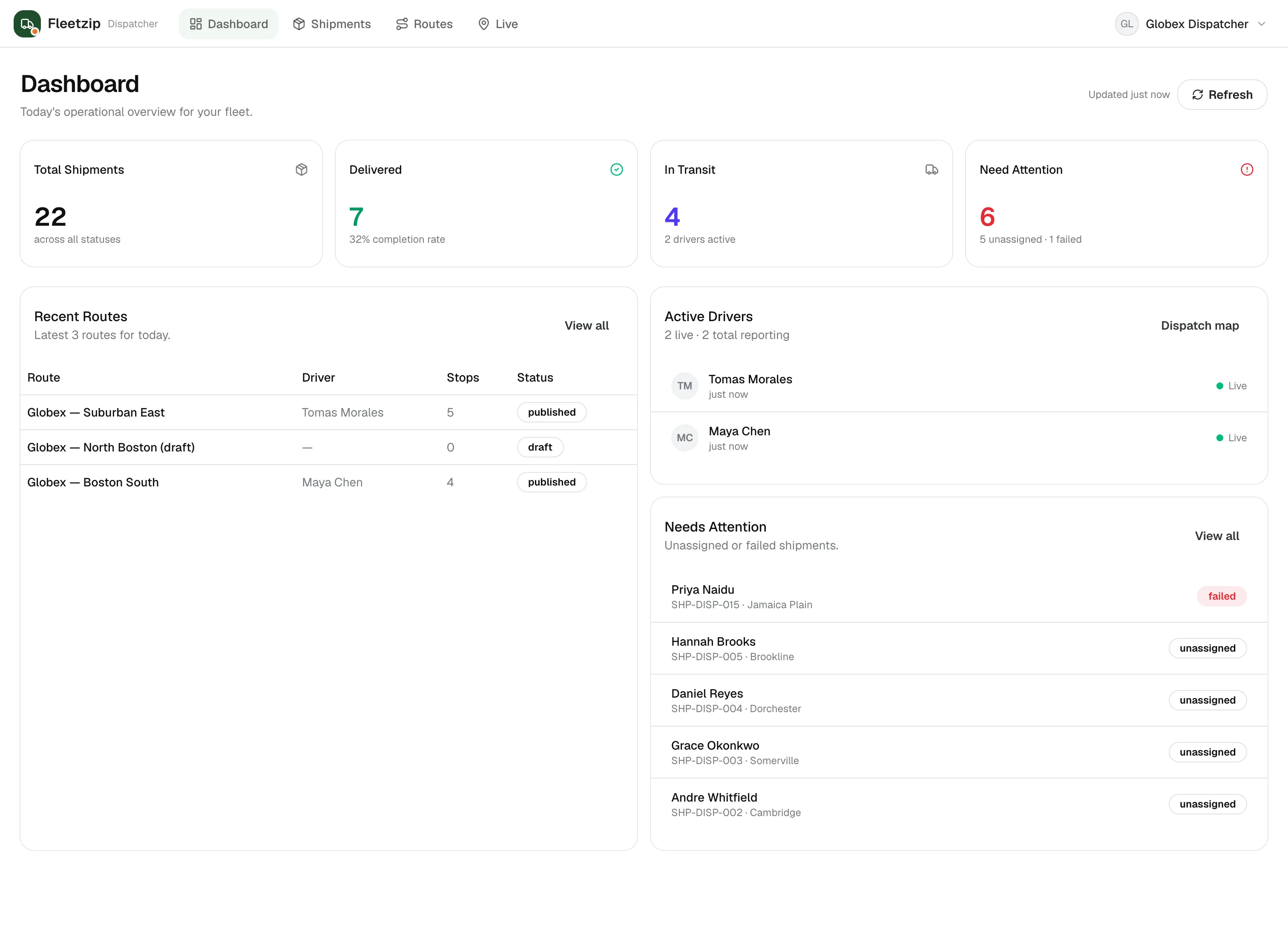 The Fleetzip Dispatch dashboard: shipment totals, delivered and in-transit counts, an exception queue, recent routes, and live driver status.