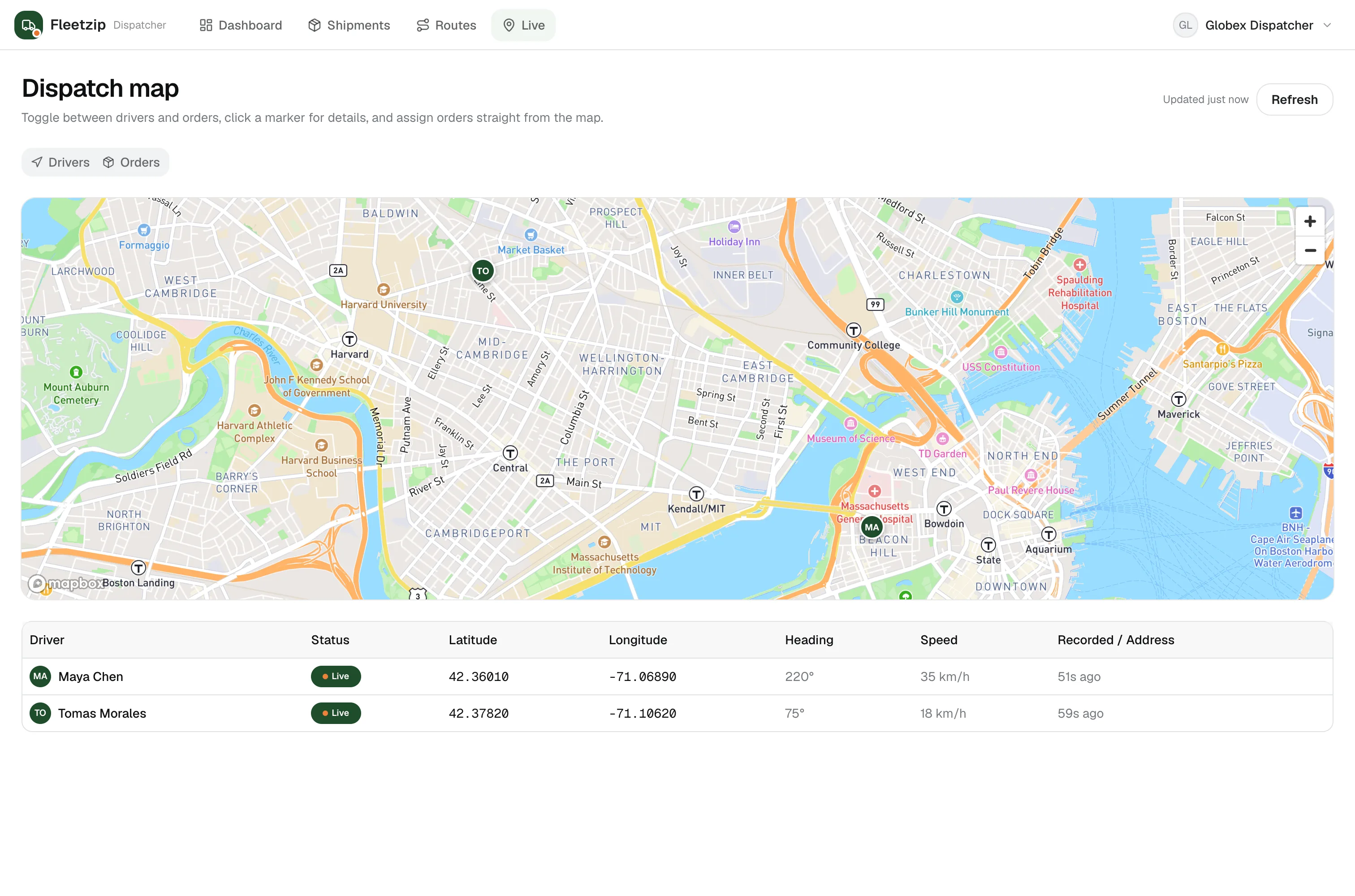 The Fleetzip Dispatch live map: driver markers plotted on a street map, with a roster listing each driver's coordinates, heading, speed, and how recently they reported.