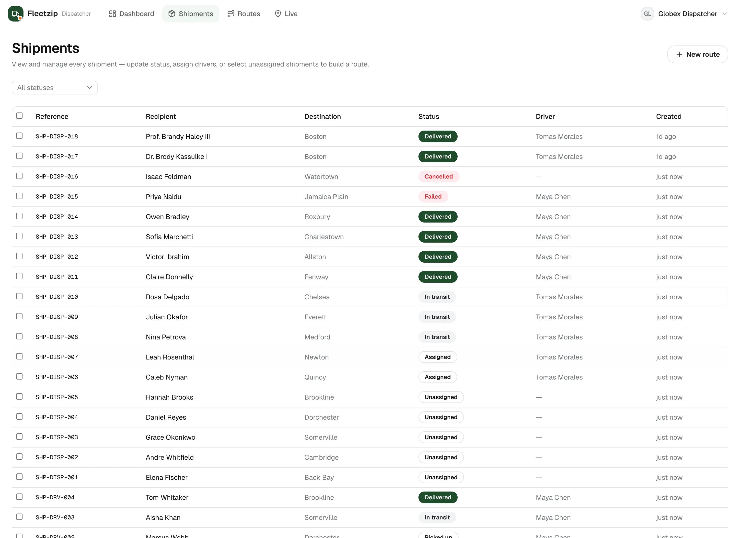 The Fleetzip Dispatch shipments table: reference, recipient, destination, status badge, assigned driver, and creation time for every order.